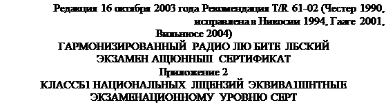 Подпись: Редакция 16 октября 2003 года Рекомендация T/R 61-02 (Честер 1990, исправлена в Никосии 1994, Гааге 2001, Вильнюсе 2004) ГАРМОНИЗИРОВАННЫЙ РАДИО ЛЮ БИТЕ ЛБСКИЙ ЭКЗАМЕН АЩЮННБШ СЕРТИФИКАТ Приложение 2 КЛАССБ1 НАЦИОНАЛЬНЫХ ЛЩЕНЗИЙ ЭКВИВА1ШНТНЫЕ ЭКЗАМЕНАЦИОННОМУ УРОВНЮ СЕРТ