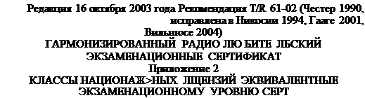 Подпись: Редакция 16 октября 2003 года Рекомендация T/R 61-02 (Честер 1990, исправлена в Никосии 1994, Гааге 2001, Вильнюсе 2004) ГАРМОНИЗИРОВАННЫЙ РАДИО ЛЮ БИТЕ ЛБСКИЙ ЭКЗАМЕНАЦИОННЫЕ СЕРТИФИКАТ Приложение 2 КЛАССЫ НАЦИОНАЖ>НЫХ ЛЩЕНЗИЙ ЭКВИВАЛЕНТНЫЕ ЭКЗАМЕНАЦИОННОМУ УРОВНЮ СЕРТ